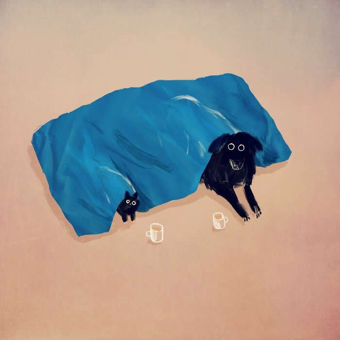 Illustration by John Bond featuring a black dog and black cat sitting beneath a large blue blanket or tarp. Minimalist composition, painterly brushstrokes, warm beige background, and two white mugs create a cozy, whimsical atmosphere of friendship and shelter.