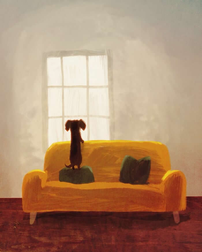 Illustration by John Bond of a small dog standing on a yellow sofa, looking out a bright window. Warm earthy colors, textured brushstrokes, and a minimalist interior create a cozy, contemplative atmosphere filled with anticipation and longing.