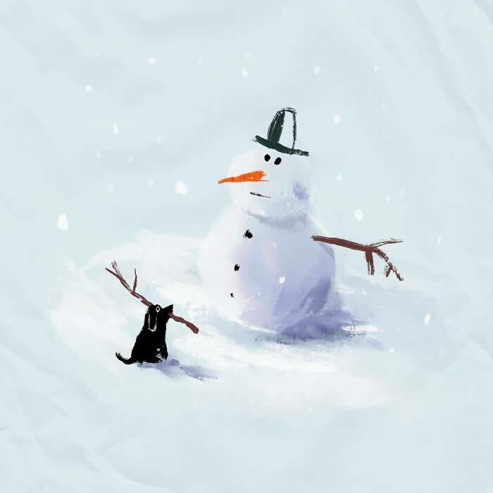 Illustration by John Bond showing a small black dog holding a stick beside a snowman in a snowy landscape. Soft blue and white tones, painterly textures, falling snow, and minimalist composition create a whimsical winter scene.
