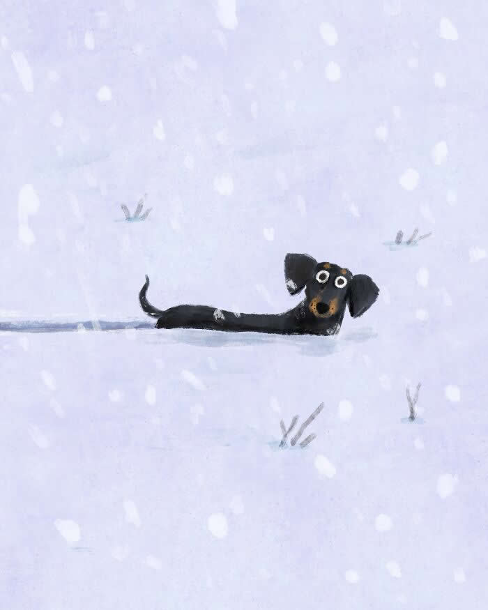 Minimalist illustration by John Bond of a long black dachshund standing in a snowy landscape. Soft lavender and white tones, falling snow, expressive eyes, and painterly brushstrokes create a playful and whimsical winter atmosphere.