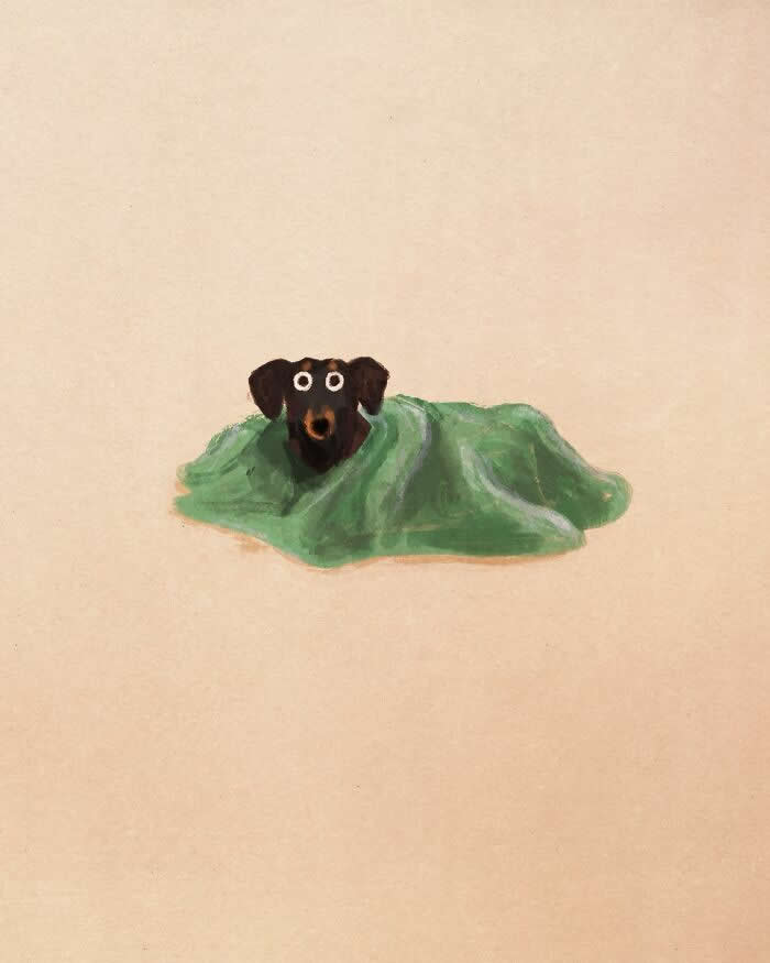 Minimalist illustration by John Bond of a dachshund wrapped beneath a green blanket against a warm beige background. Painterly brushstrokes, expressive eyes, and abundant negative space create a cozy, whimsical, and charming atmosphere.