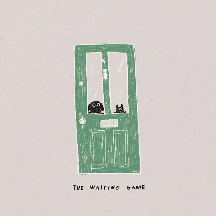 Minimalist illustration by John Bond featuring a black dog and cat peeking through the glass panels of a mint-green front door. Simple sketch-like lines, soft neutral tones, and playful composition evoke a sense of waiting and companionship.