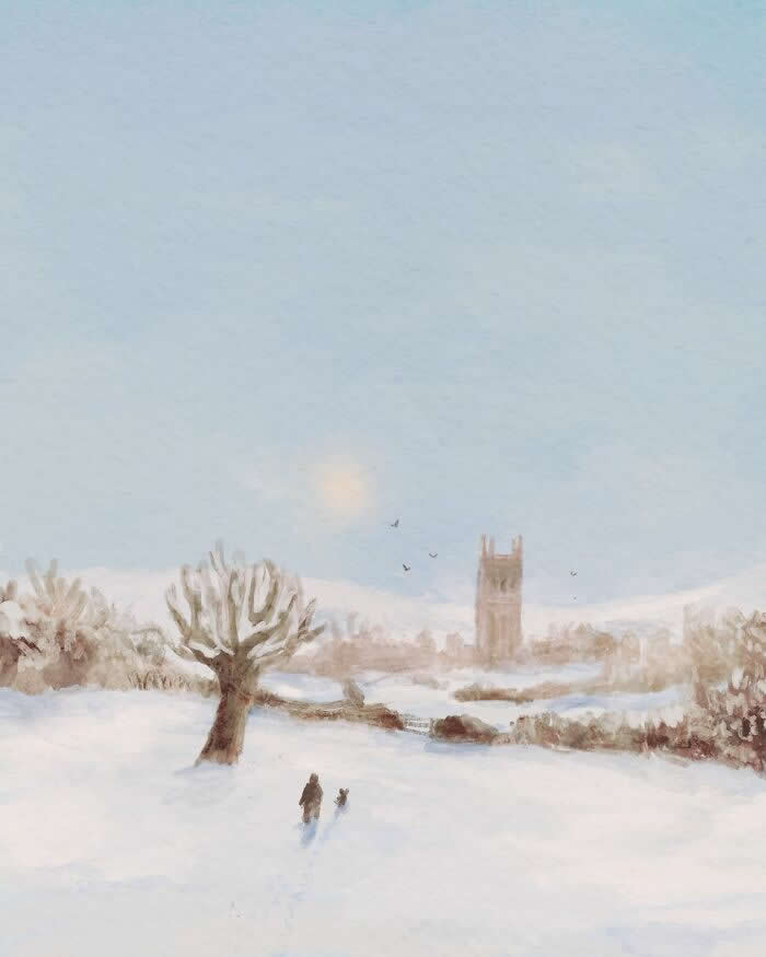 Illustration by John Bond depicting a person and a small dog walking through a snow-covered countryside toward a distant church. Soft blue skies, muted winter colors, and loose painterly brushstrokes create a peaceful and atmospheric winter scene.