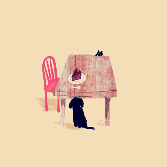 Illustration by John Bond showing a dog sitting beside a rustic table with a slice of cake, while a cat peeks over the tabletop. Soft pastel colors, minimalist design, and painterly textures create a whimsical and heartwarming scene.