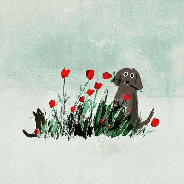 Illustration by John Bond featuring a dog and cat sitting among bright red tulips. Soft green background, painterly brushstrokes, expressive characters, and vibrant floral accents create a whimsical, heartwarming scene inspired by nature and companionship.
