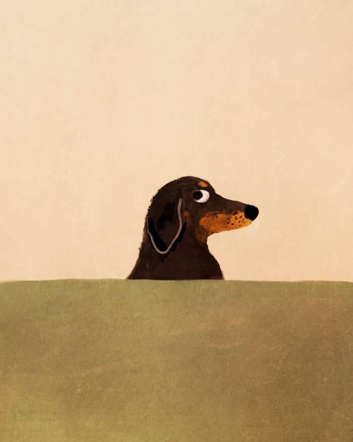 Minimalist illustration by John Bond featuring a dachshund peeking above a muted green foreground against a warm beige background. Soft brushstrokes, earthy tones, and the dog&rsquo;s expressive side profile create a calm and contemplative atmosphere.