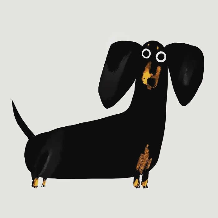 Minimalist illustration by John Bond of a black dachshund with oversized floppy ears and wide expressive eyes. Bold black shapes, subtle painterly textures, and a soft gray background create a playful and charming character portrait.