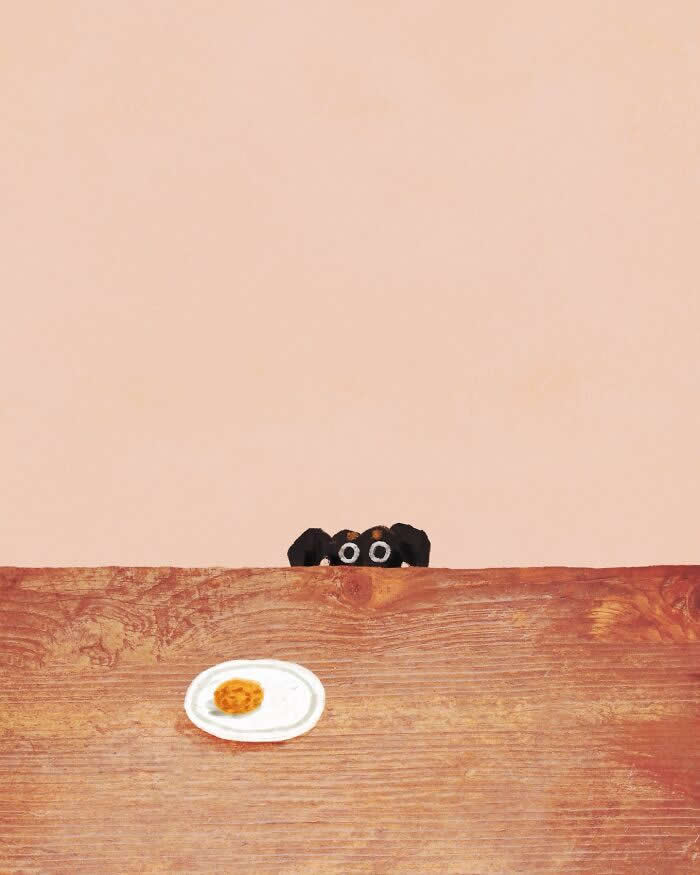 Illustration by John Bond showing a dachshund peeking over a wooden table toward a plate with a small piece of food. Warm earthy tones, painterly textures, and a minimalist composition create a humorous and endearing scene.
