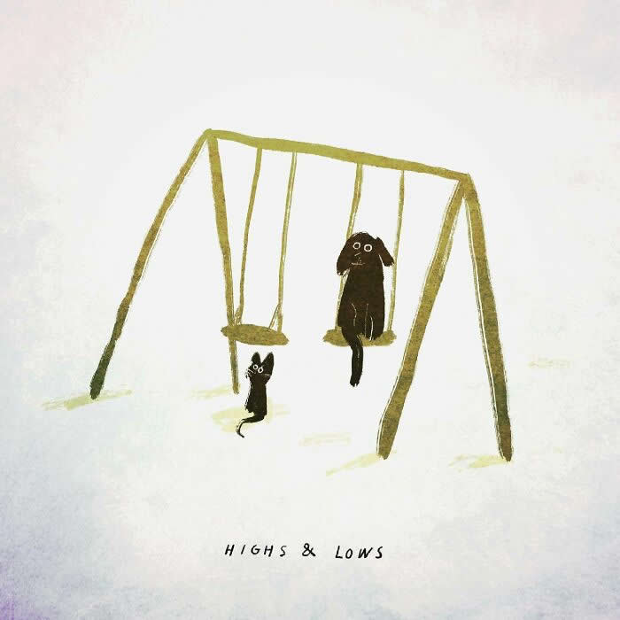 Minimalist illustration by John Bond showing a dog sitting on a swing while a cat stands beside an empty swing. Soft neutral background, loose painterly strokes, and simple olive-green lines create a whimsical scene about friendship and contrast.