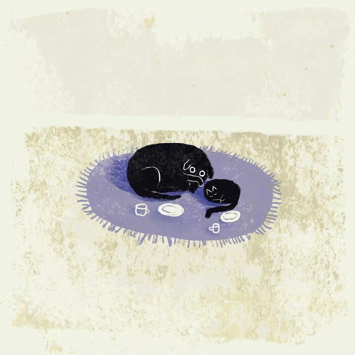 Illustration by John Bond showing a black dog and black cat resting together on a lavender rug. Minimalist composition, soft neutral background, painterly textures, and simple household objects create a cozy scene of friendship, comfort, and companionship.