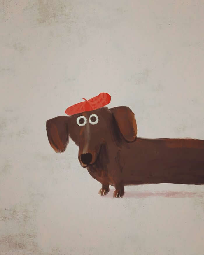 Illustration by John Bond of a brown dachshund wearing a bright red beret. Warm earthy colors, textured brushstrokes, and a minimalist background emphasize the dog&rsquo;s wide-eyed expression and playful, whimsical personality.