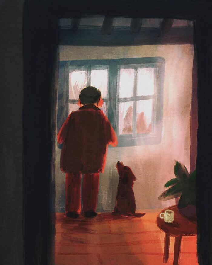 Illustration by John Bond showing a person and a dog standing indoors beside a window, looking outside. Warm orange light contrasts with cool blue tones, while painterly brushstrokes and soft textures create a cozy, reflective atmosphere.