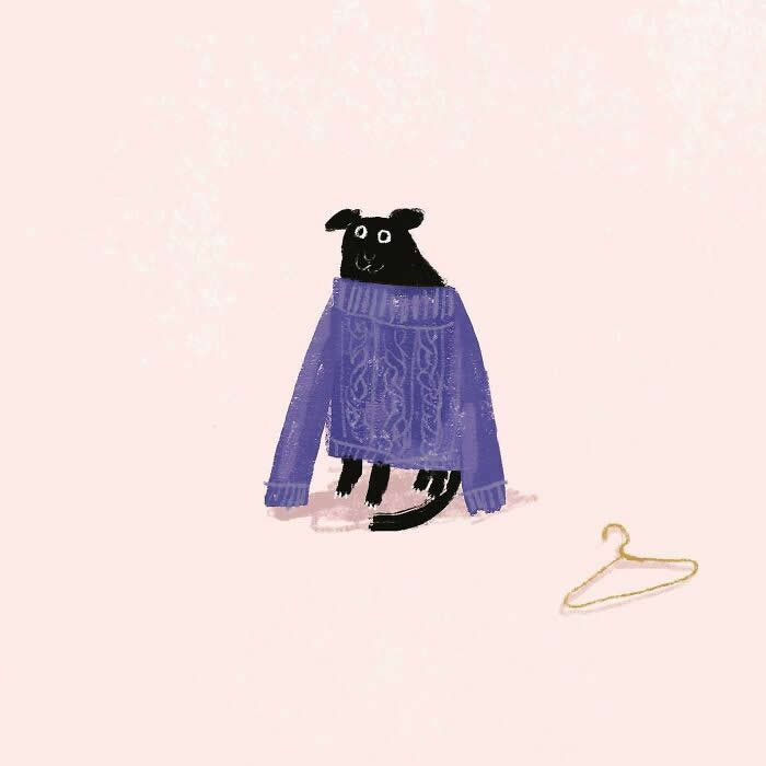 Illustration by John Bond showing a black dog wearing an oversized purple knitted sweater against a pale pink background. Minimalist composition, painterly textures, and a nearby clothes hanger create a cozy, humorous, and endearing scene.