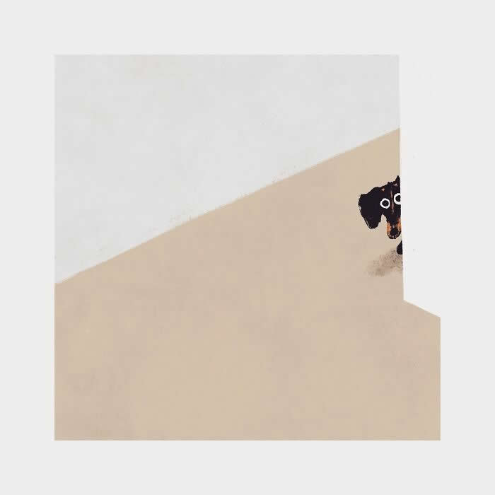 Minimalist illustration by John Bond featuring a dachshund peeking from behind a wall into an open space. Soft beige and white tones, geometric composition, painterly textures, and expressive eyes create a whimsical scene of curiosity and quiet charm.