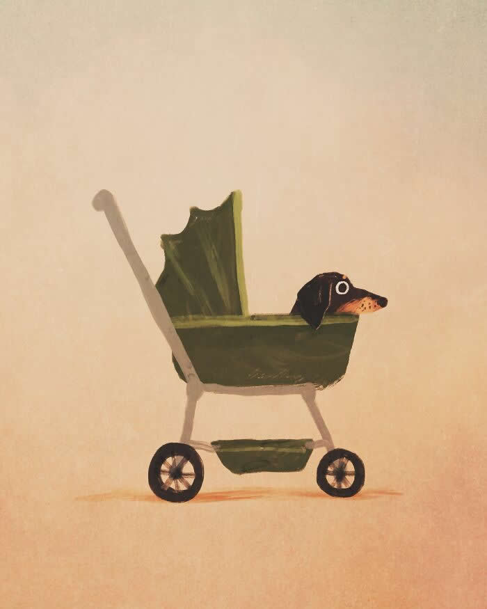 Illustration by John Bond depicting a dachshund sitting inside a vintage green baby carriage. Warm neutral background, textured brushstrokes, and minimalist composition create a humorous, whimsical scene filled with charm and gentle nostalgia.