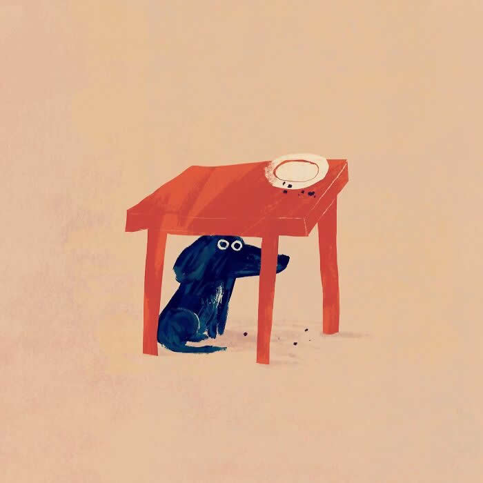 Illustration by John Bond showing a black dachshund sitting beneath a red table, looking toward an empty plate above. Warm beige background, painterly textures, and minimalist design create a humorous and endearing scene centered on food and temptation.
