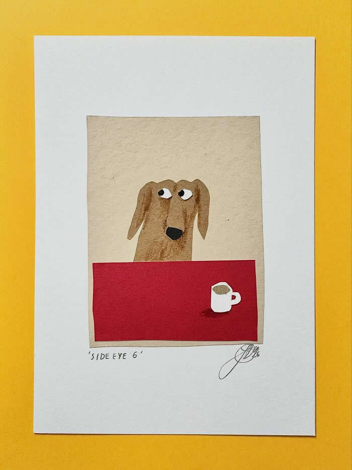Illustration by John Bond featuring a dachshund giving a side-eye glance while sitting behind a red table with a white coffee mug. Warm neutral colors, minimalist composition, and painterly textures create a playful and humorous character portrait.