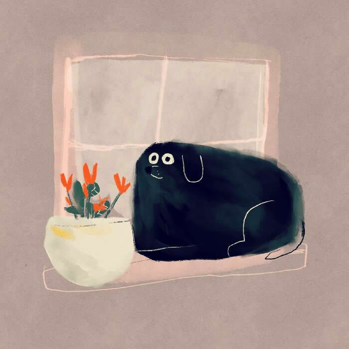 Illustration by John Bond showing a black dog resting on a windowsill beside a white flower pot filled with orange blooms. Soft gray background, painterly textures, and minimalist composition create a calm, cozy atmosphere of comfort and quiet contemplation.