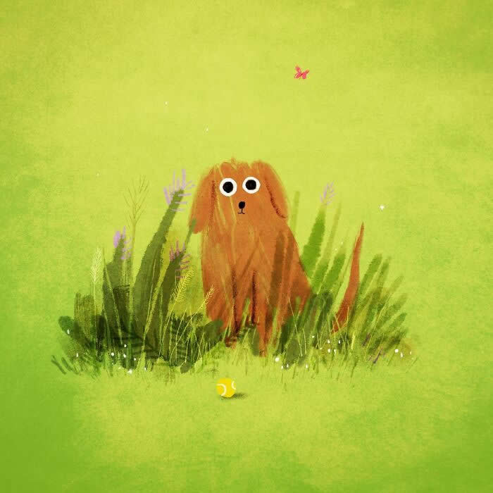 Illustration by John Bond featuring a golden-brown dog sitting in lush green grass with a tennis ball nearby and a small butterfly overhead. Vibrant green tones, painterly brushstrokes, and whimsical details create a cheerful, nature-inspired scene.