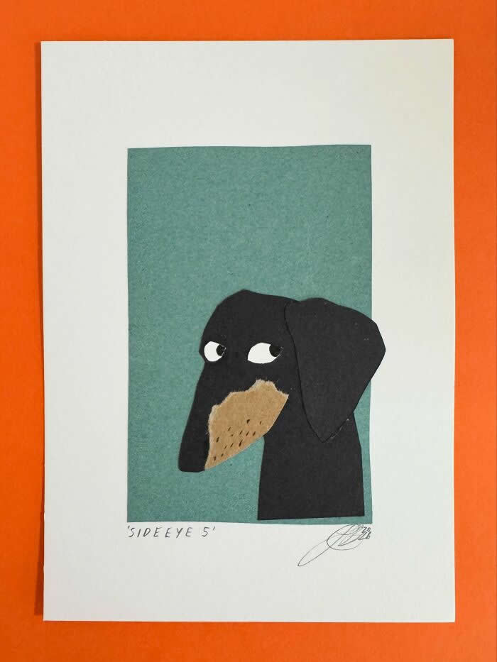 Illustration by John Bond featuring a black dachshund in profile giving a sideways glance. A textured teal background, minimalist design, simple shapes, and expressive eyes create a humorous and character-driven portrait full of charm and personality.