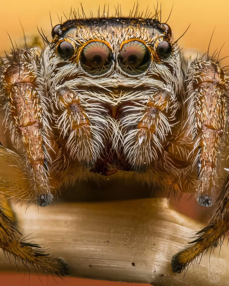 Extreme close-up macro photograph of a jumping spider facing the camera, highlighting its large reflective eyes, fine hairs, detailed legs, and symmetrical composition against a soft warm-colored background.