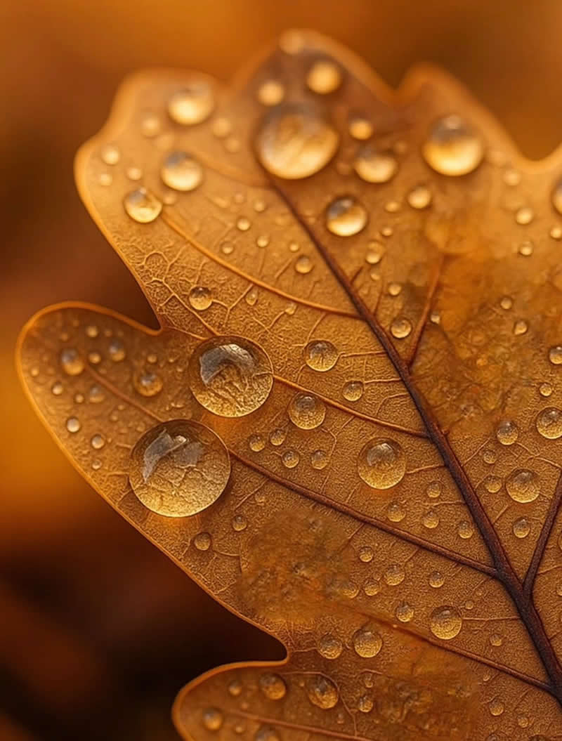 A stunning macro photograph of a golden-brown autumn leaf covered in sparkling water droplets. The intricate leaf veins and crystal-clear beads of dew are sharply detailed against a warm, softly blurred amber background, highlighting the textures and beauty of the season.