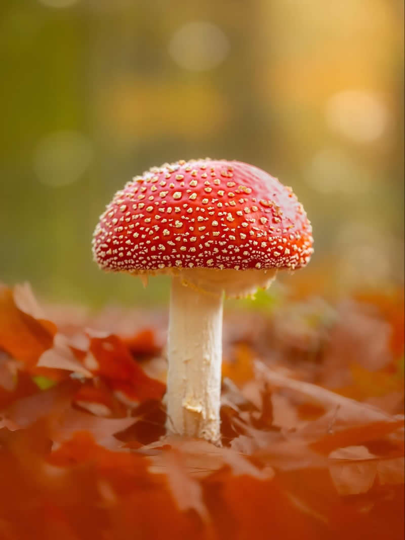 A vibrant red fly agaric mushroom with white speckles stands among fallen autumn leaves. Soft golden light and a creamy blurred background create a dreamy woodland atmosphere, emphasizing the mushroom&rsquo;s striking color and delicate details.