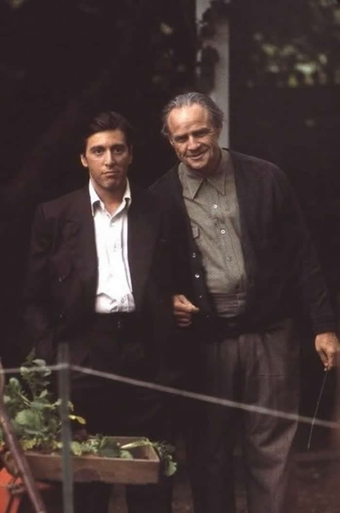 Al Pacino and Marlon Brando on the set of 'The Godfather' (1972)