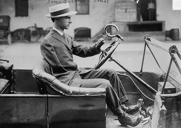 In 1916, double amputee Quentin Corley was photographed driving a car with the use of his invention that enabled him to operate the wheel. What is more impressive is that he invented and patented the prosthetic arm he used as well.