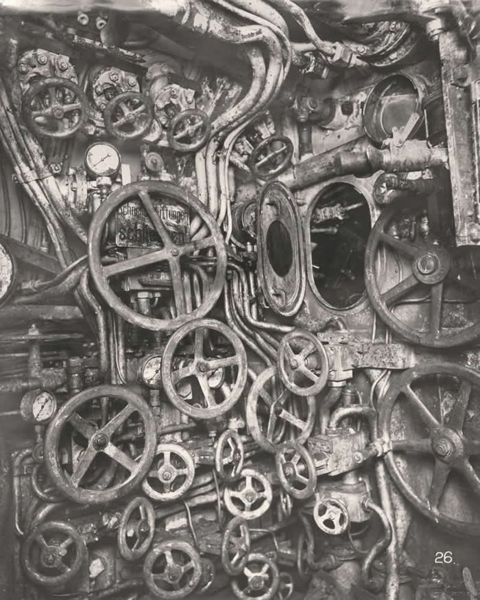 The control room inside a German U-Boat, circa 1918
