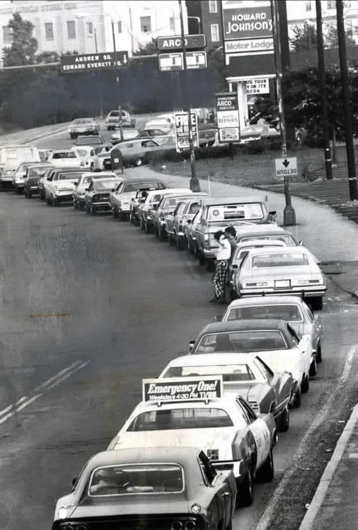 People line up to buy gasoline during an oil embargo (1974). Oil embargoes in the 1970&rsquo;s led to mass shortages and meant hours waiting at line at the pump