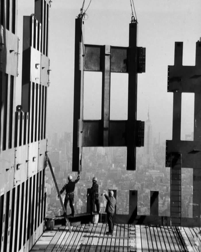 A large steel piece being positioned during construction of the World Trade Center&rsquo;s North Tower, New York City, 1970.