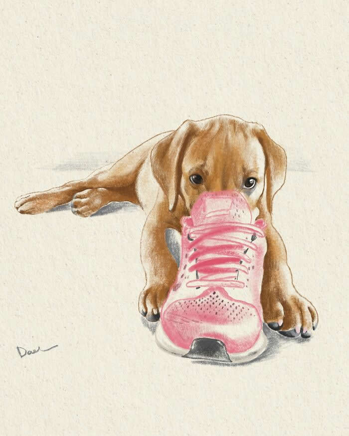 Realistic illustration of a playful brown puppy peeking over a bright pink sneaker, rendered with soft pencil-like brushstrokes and warm natural colors, capturing the dog's curious expression and the joyful, affectionate bond between a puppy and its owner.