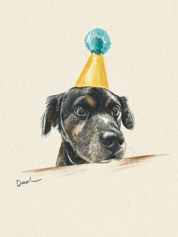 Realistic watercolor and pencil illustration of a black puppy wearing a yellow party hat with a blue pom-pom, peeking over a table with expressive eyes, rendered in soft natural tones that convey innocence, celebration, and the cherished bond between a beloved dog and its owner.