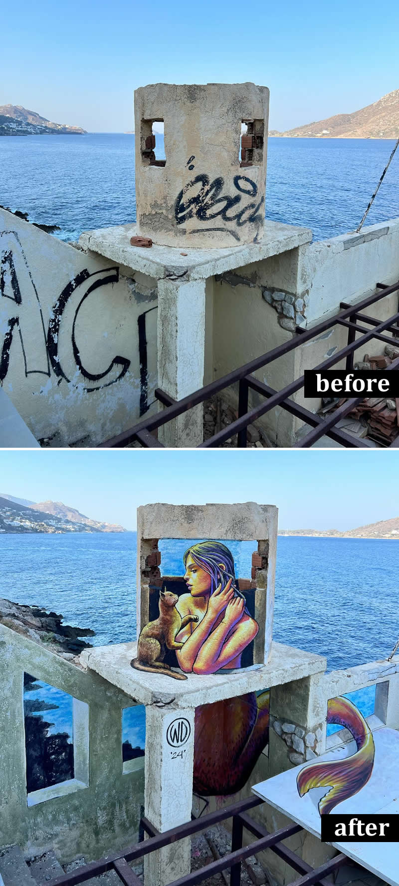 From Simple Walls to Spectacular Illusions: 36 Hyperrealistic Artworks That Defy Reality 39 Before-and-after view of a dilapidated seaside building transformed by a hyperrealistic mural depicting a woman and cat, seamlessly integrated into the structure against a scenic coastal backdrop.