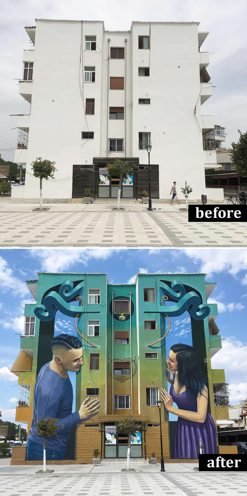 From Simple Walls to Spectacular Illusions: 36 Hyperrealistic Artworks That Defy Reality 41 Before-and-after image of a residential building transformed from a plain white facade into a vibrant mural featuring two hyperrealistic figures facing each other, framed by decorative elements and integrated seamlessly into the building’s architecture.