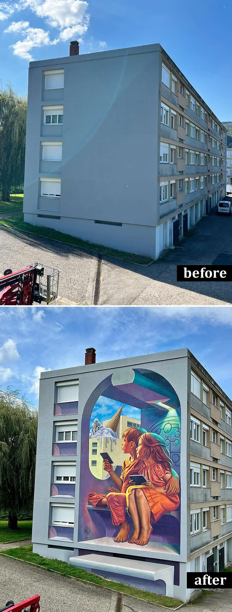 From Simple Walls to Spectacular Illusions: 36 Hyperrealistic Artworks That Defy Reality 42 Before-and-after view of a residential building facade transformed from a plain gray wall into a hyperrealistic mural of two children holding devices, gazing toward a surreal futuristic landscape framed like a giant window.