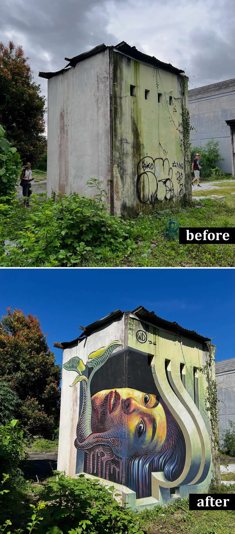 From Simple Walls to Spectacular Illusions: 36 Hyperrealistic Artworks That Defy Reality 44 Before-and-after image of an abandoned concrete building transformed into a vibrant mural featuring a surreal upside-down female portrait intertwined with plant forms and geometric elements, blending seamlessly with the architecture and surrounding landscape.
