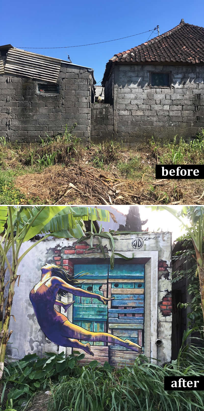From Simple Walls to Spectacular Illusions: 36 Hyperrealistic Artworks That Defy Reality 45 Before-and-after image of a weathered concrete wall transformed into a hyperrealistic mural of a dancer leaping from a window-like frame, surrounded by lush tropical plants and integrated seamlessly into the abandoned structure.