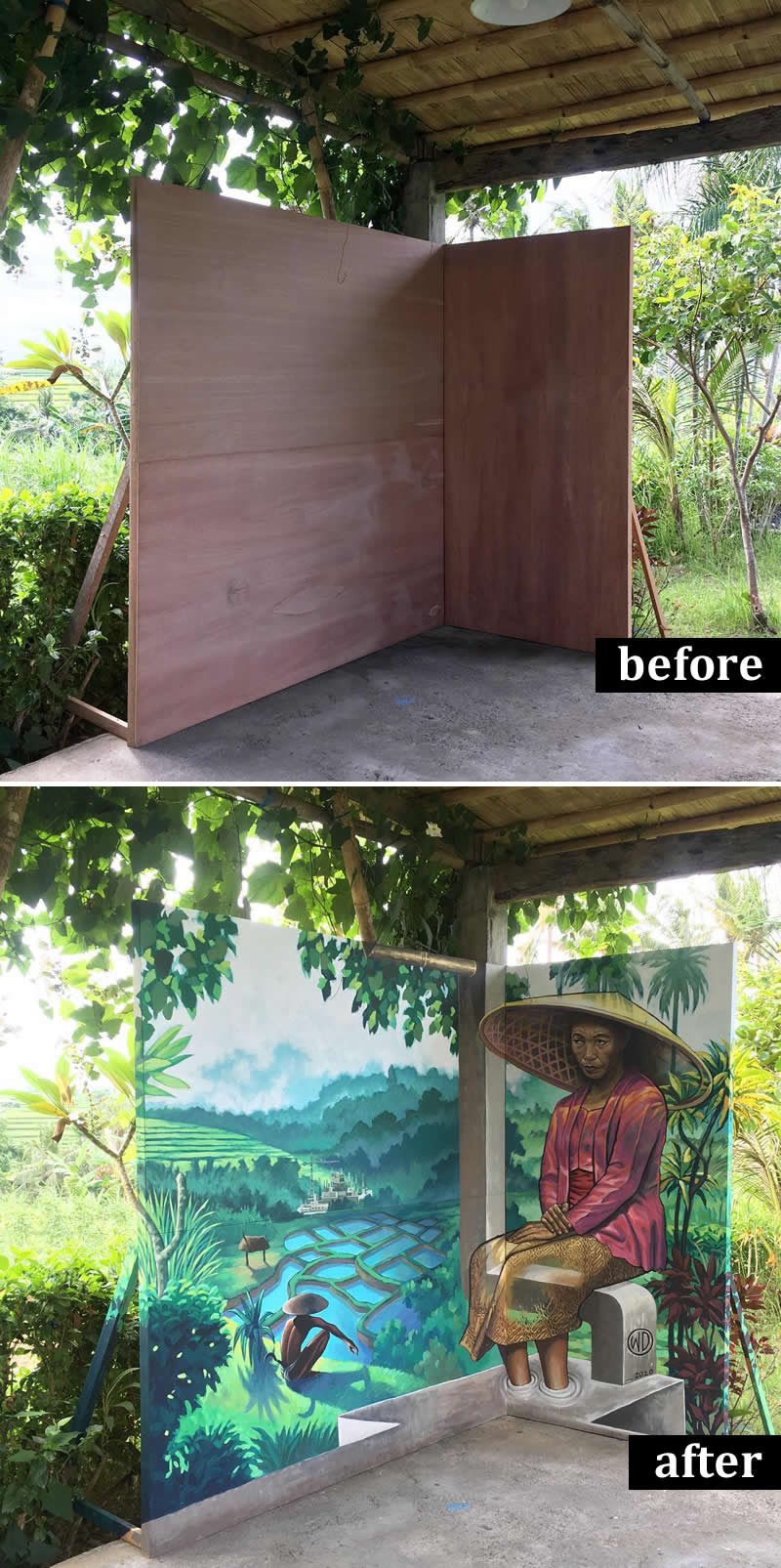 From Simple Walls to Spectacular Illusions: 36 Hyperrealistic Artworks That Defy Reality 46 Before-and-after image of plain wooden corner panels transformed into a mural featuring a seated woman in traditional attire overlooking lush rice terraces, creating a realistic illusion that blends portraiture, landscape, and architectural space.