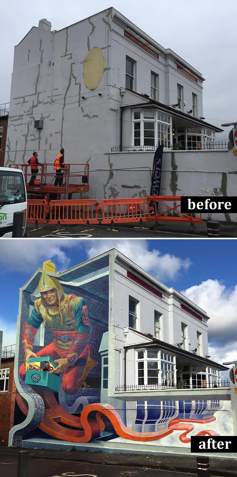 From Simple Walls to Spectacular Illusions: 36 Hyperrealistic Artworks That Defy Reality 49 Before-and-after image of a white building transformed into a large hyperrealistic mural featuring a colorful figure holding a box within a three-dimensional architectural illusion, with flowing ribbon-like forms extending across the wall and facade.