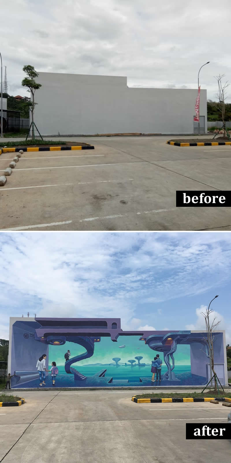 From Simple Walls to Spectacular Illusions: 36 Hyperrealistic Artworks That Defy Reality 50 Before-and-after image of a large blank wall transformed into a futuristic mural featuring surreal architecture, floating platforms, distant landscapes, and human figures, creating a dramatic three-dimensional illusion across the building facade.