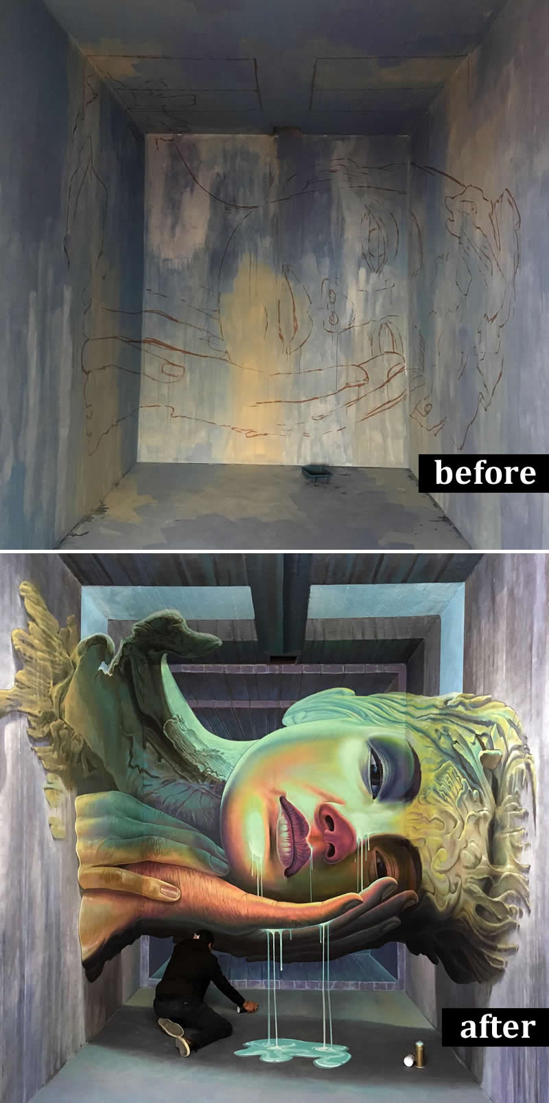 From Simple Walls to Spectacular Illusions: 36 Hyperrealistic Artworks That Defy Reality 51 Before-and-after image of a bare room transformed into a hyperrealistic mural featuring a giant classical-inspired female face resting on a hand, with dripping paint effects and three-dimensional architectural illusion extending into the space.