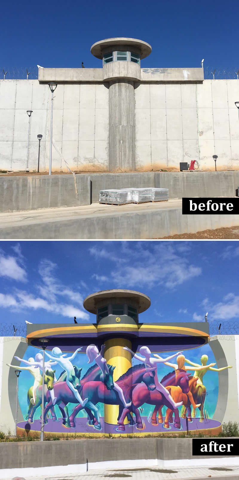 From Simple Walls to Spectacular Illusions: 36 Hyperrealistic Artworks That Defy Reality 53 Before-and-after image of a large concrete wall transformed into a colorful mural resembling a carousel, featuring stylized human figures and horses in motion, integrated around a central tower structure and rendered with striking depth and vibrancy.