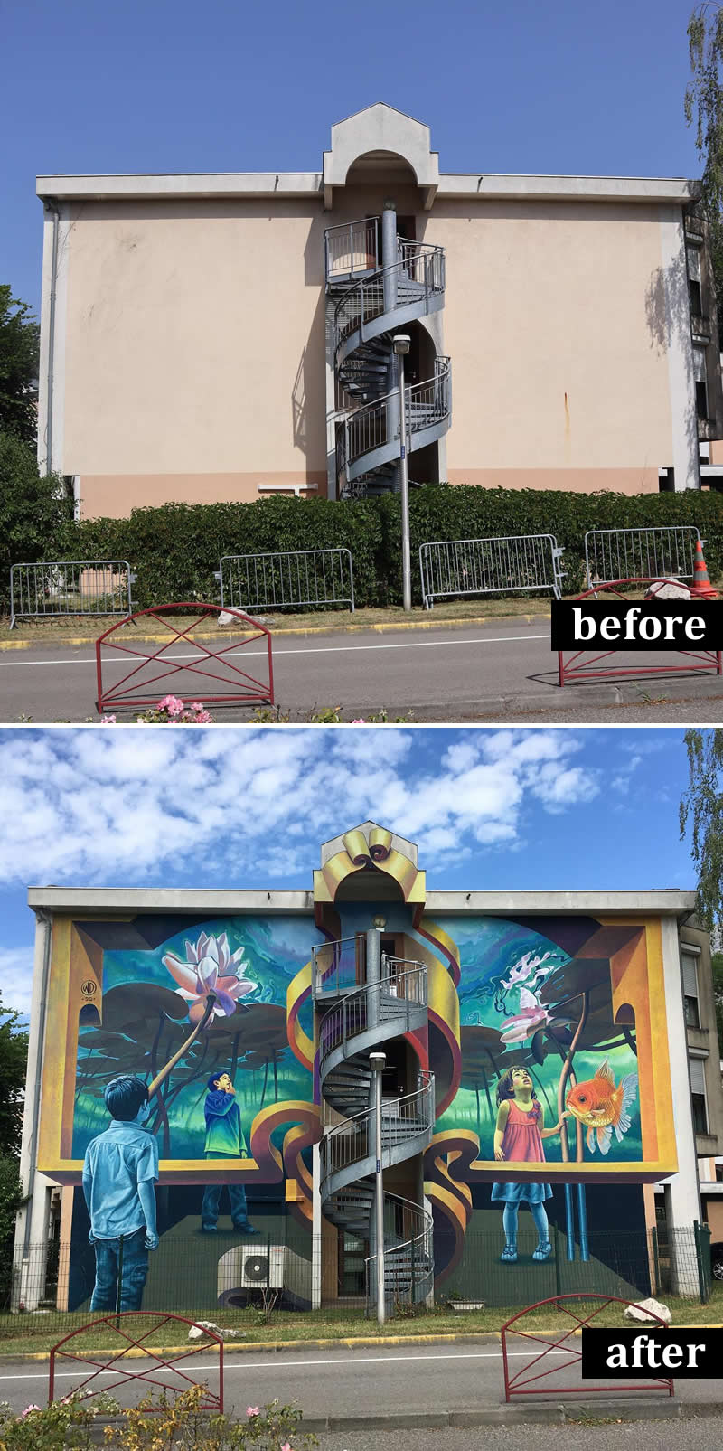 From Simple Walls to Spectacular Illusions: 36 Hyperrealistic Artworks That Defy Reality 60 Before-and-after image of a building with an exterior spiral staircase transformed into a colorful mural featuring children, giant lotus flowers, and a goldfish, integrated around the staircase to create a whimsical and immersive visual story.