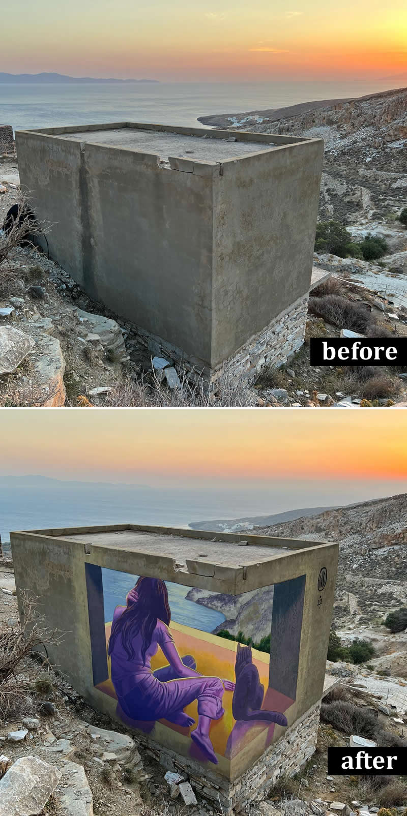 From Simple Walls to Spectacular Illusions: 36 Hyperrealistic Artworks That Defy Reality 61 Before-and-after image of a concrete hillside structure overlooking the coast, transformed into a mural depicting a seated woman and a cat gazing toward the ocean, creating the illusion of an open room framed by the building’s walls.