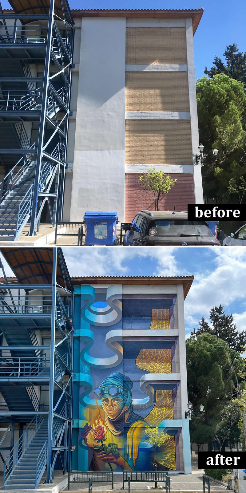 From Simple Walls to Spectacular Illusions: 36 Hyperrealistic Artworks That Defy Reality 66 Before-and-after image of a multi-story building facade transformed into a large mural featuring a stylized figure wearing goggles and holding a glowing flower, surrounded by geometric forms and architectural illusions that integrate seamlessly with the structure.