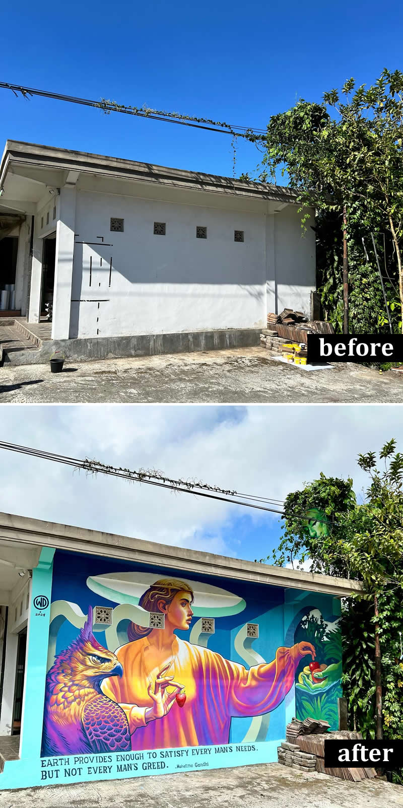 From Simple Walls to Spectacular Illusions: 36 Hyperrealistic Artworks That Defy Reality 69 Before-and-after image of a residential exterior wall transformed into a colorful mural featuring a classical female figure, an eagle, strawberries, and lush natural elements. The artwork includes a Mahatma Gandhi quote about human needs and greed, turning a blank wall into an inspiring public artwork.