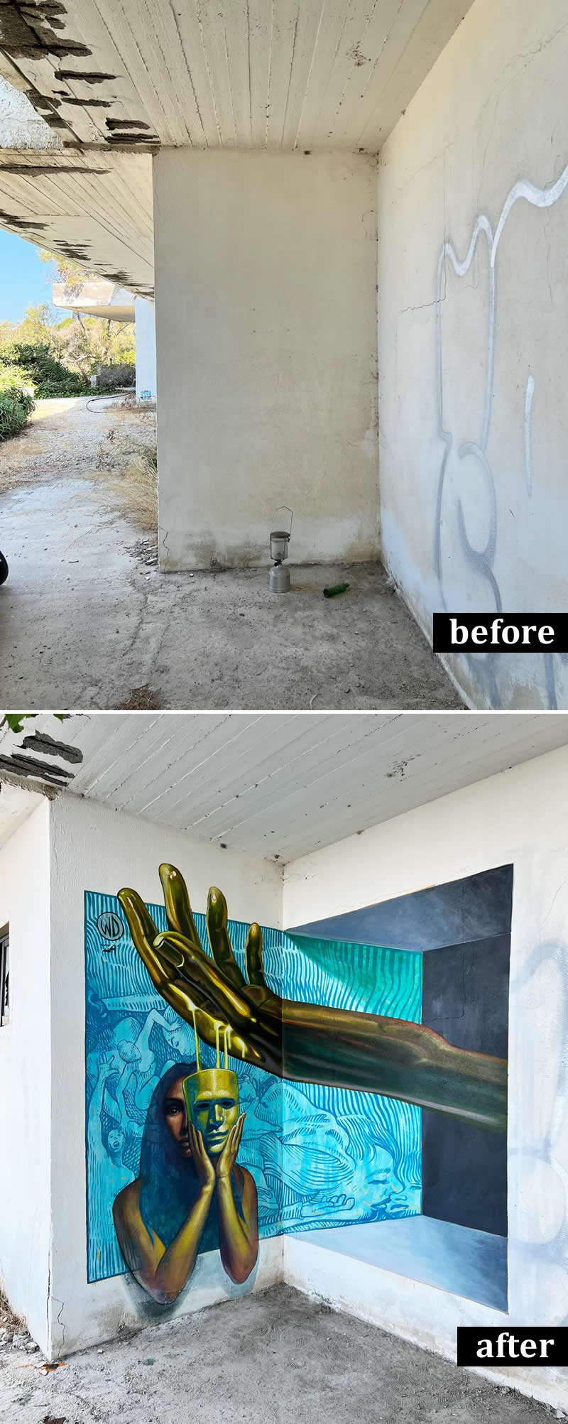 From Simple Walls to Spectacular Illusions: 36 Hyperrealistic Artworks That Defy Reality 70 Before-and-after image of a small concrete alcove transformed into a surreal mural featuring a woman holding a golden mask while a large golden hand hovers above. Blue-toned backgrounds and illusionistic architecture turn a plain wall into a striking work of street art.