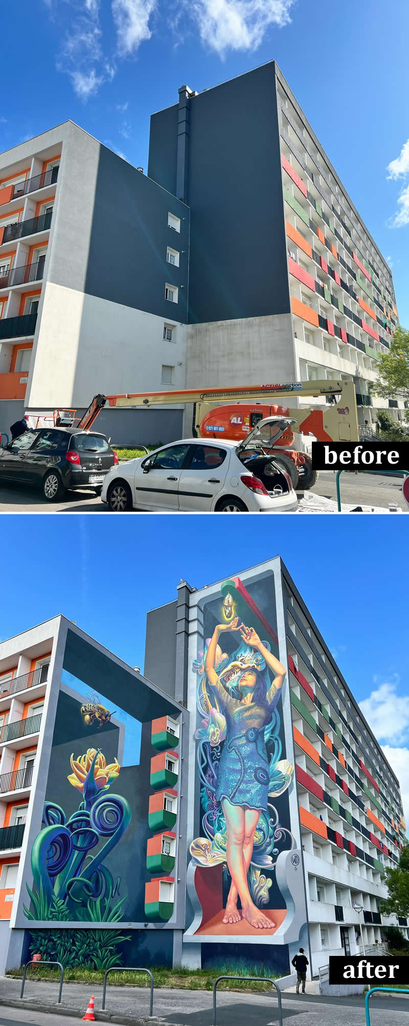 From Simple Walls to Spectacular Illusions: 36 Hyperrealistic Artworks That Defy Reality 72 Before-and-after image of a residential apartment building transformed by a giant mural featuring a luminous woman reaching toward a glowing object, surrounded by flowers, shells, and flowing ornamental forms. The artwork covers multiple stories, turning a plain façade into a striking landmark.